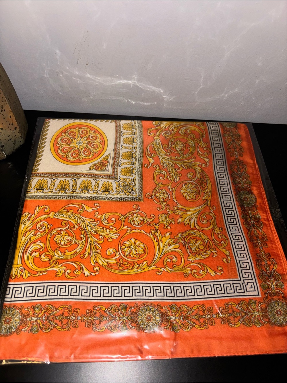 Ornate Orange and Gold Baroque Silk Scarf